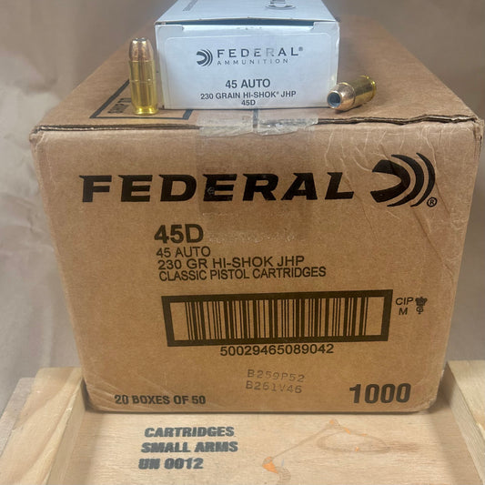 Free Shipping - 1000 Round Case Federal Classic Hi-Shok .45 ACP / Auto Ammo 230gr JHP - 45D