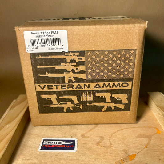 1000 Rounds of Veteran 9mm Luger Ammo 115gr FMJ Brass Case - Made in USA