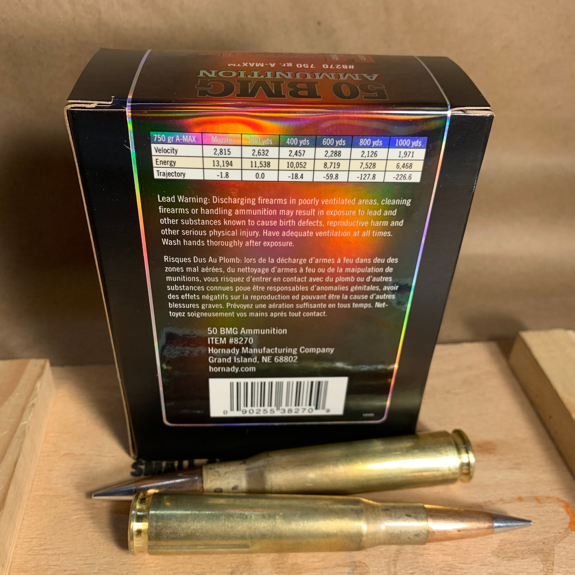 10 Round Box Hornady Match 50 BMG Ammo 750gr A-MAX - 8270