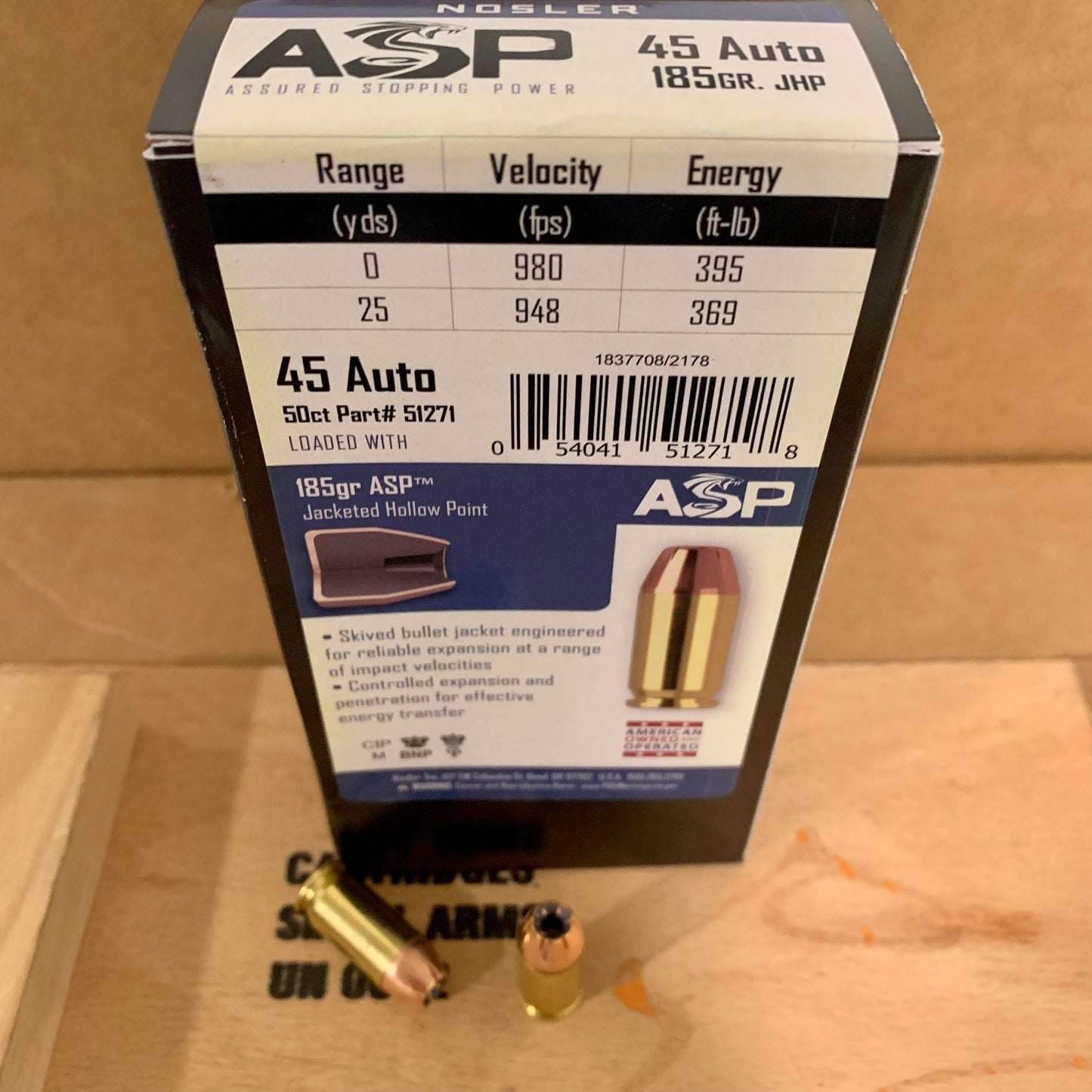 50 Count Box Nosler Assured Stopping Power .45 ACP / Auto Ammo 185gr JHP ASP - 51271