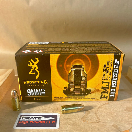 100 Round Box Browning 9mm Luger Ammo 115gr FMJ