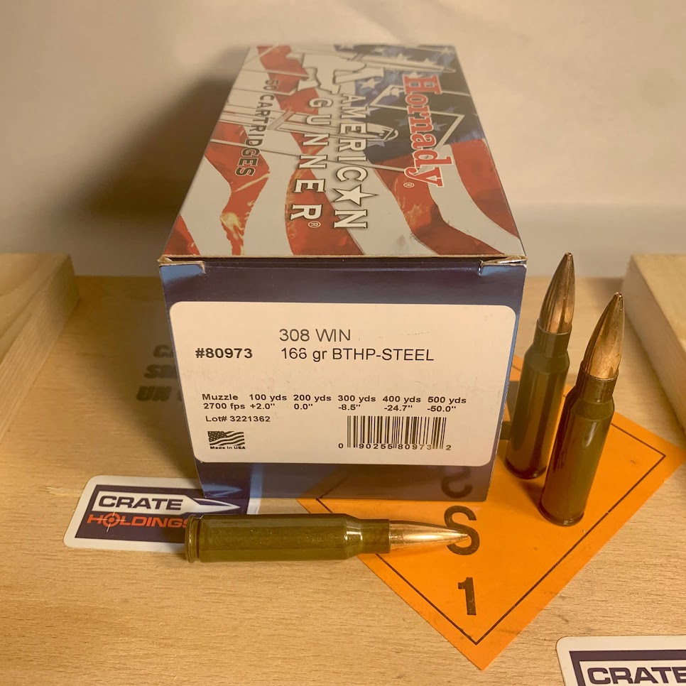 50 Round Box Hornady American Gunner .308 Win. Ammo 168gr BTHP - Steel Case - 80973