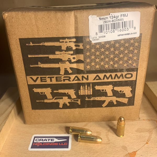 500 Count Box Veteran Ammo 9mm Luger Ammo 124gr FMJ Brass Case - Loose Pack - Made in USA