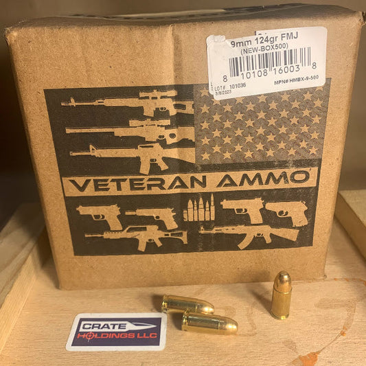 Free Shipping - 1000 Rounds of Veteran Ammo 9mm Luger Ammo 124gr FMJ Brass Case - Loose Pack - Made in USA