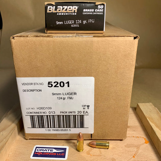 Free Shipping - 1000 Round Case CCI Blazer Brass 9mm Luger Ammo 124gr FMJ - CC5201