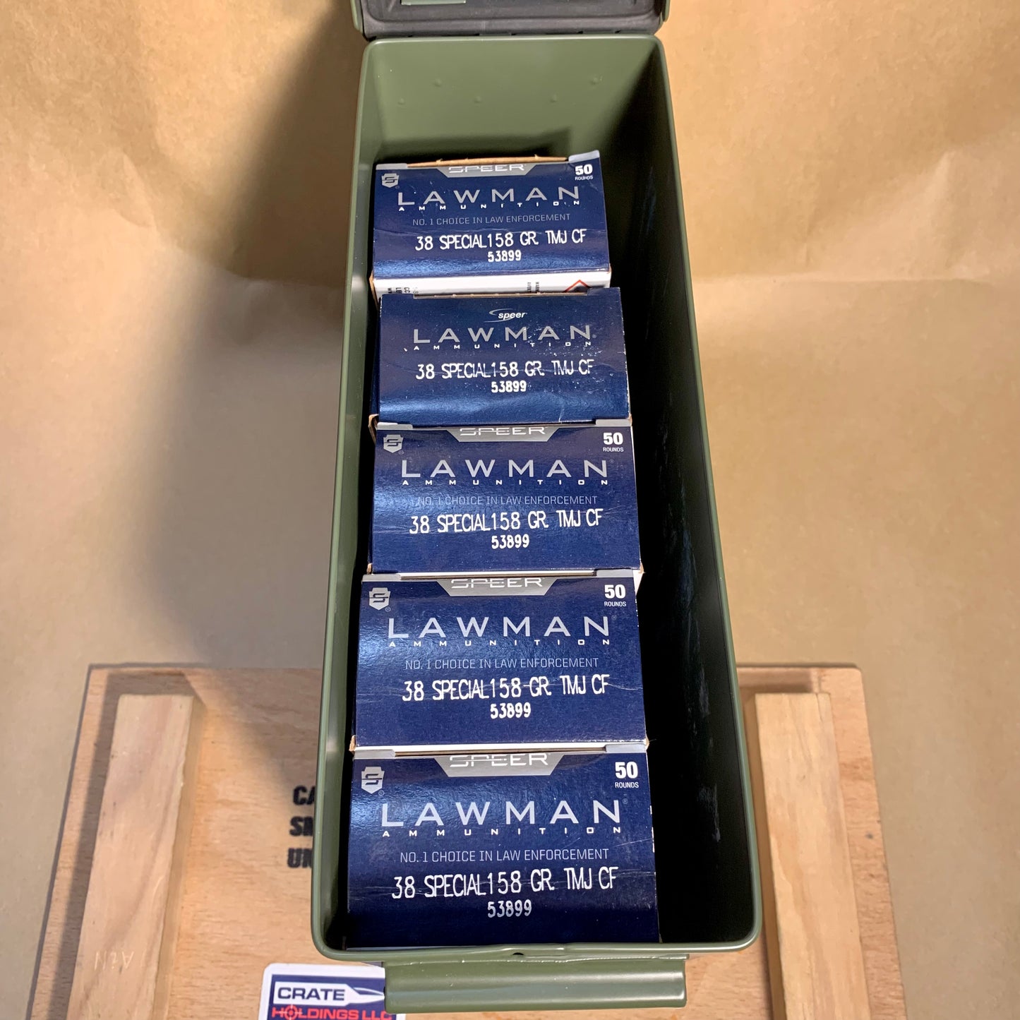 250 Rounds Speer Lawman 38 Special Ammo 158gr TMJ Cleanfire - 53899 - Packed New M19A1 Can