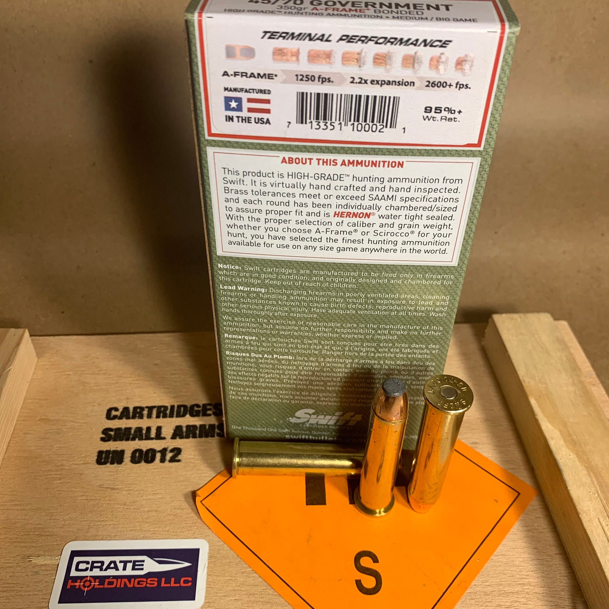 20 Round Box Swift Cartridge A-Frame .45-70 Government Ammo 350gr Bonded