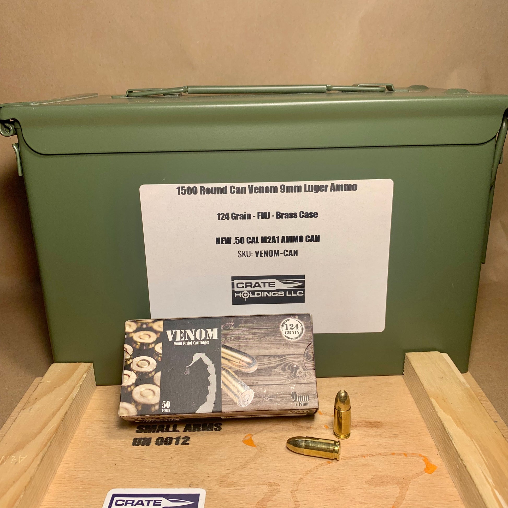 Free Shipping 1500 Rounds of Venom 9mm Luger Ammo 124gr FMJ - Packed in New M2A1 Can